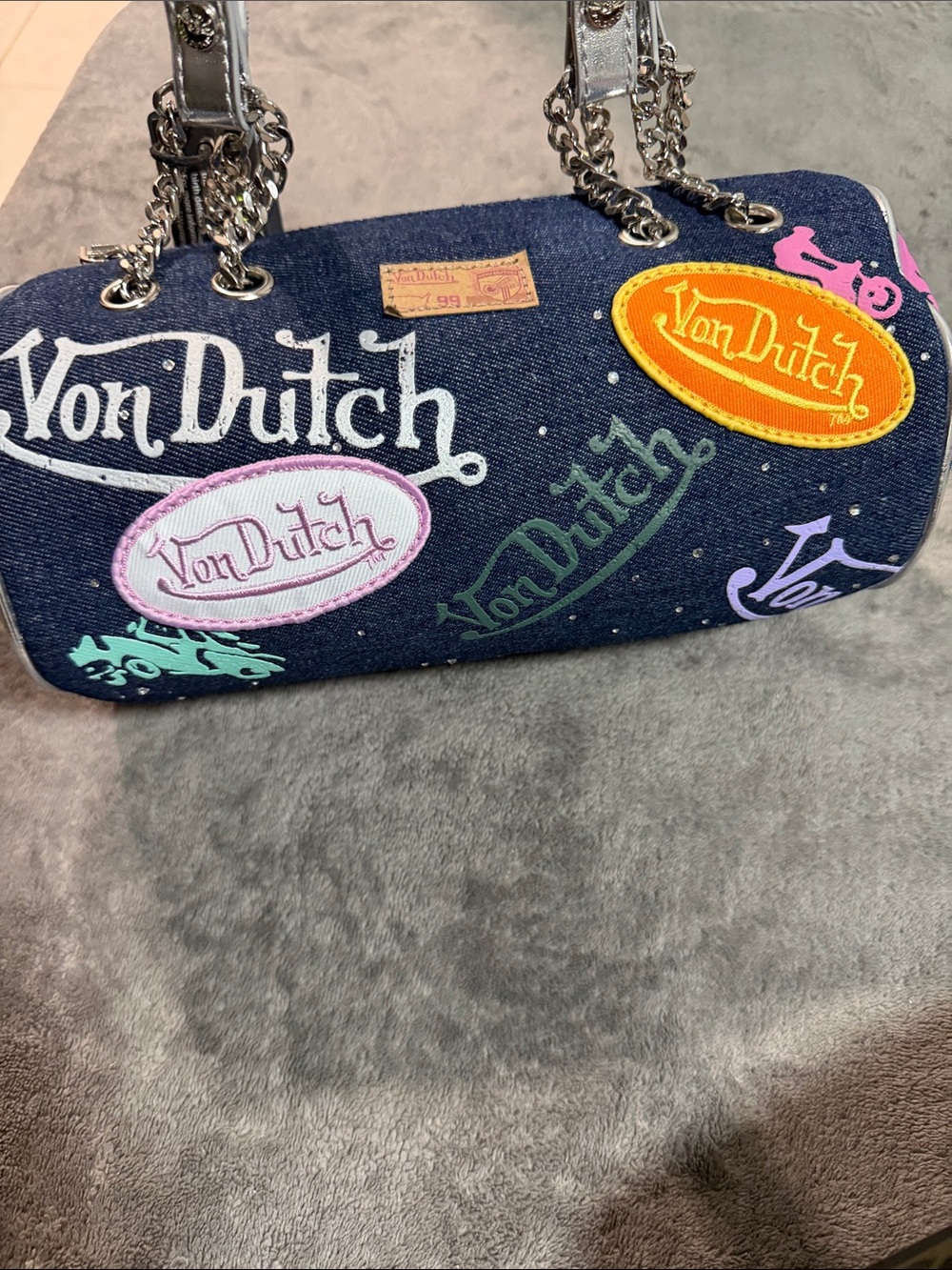 Von Dutch Navy Denim Barrel Bag with Multicolor Logo Patches